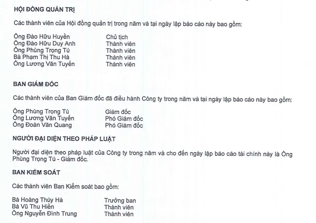 Danh sách lãnh đạo Ắc quy Tia Sáng tại thời điểm 31/12/2025.