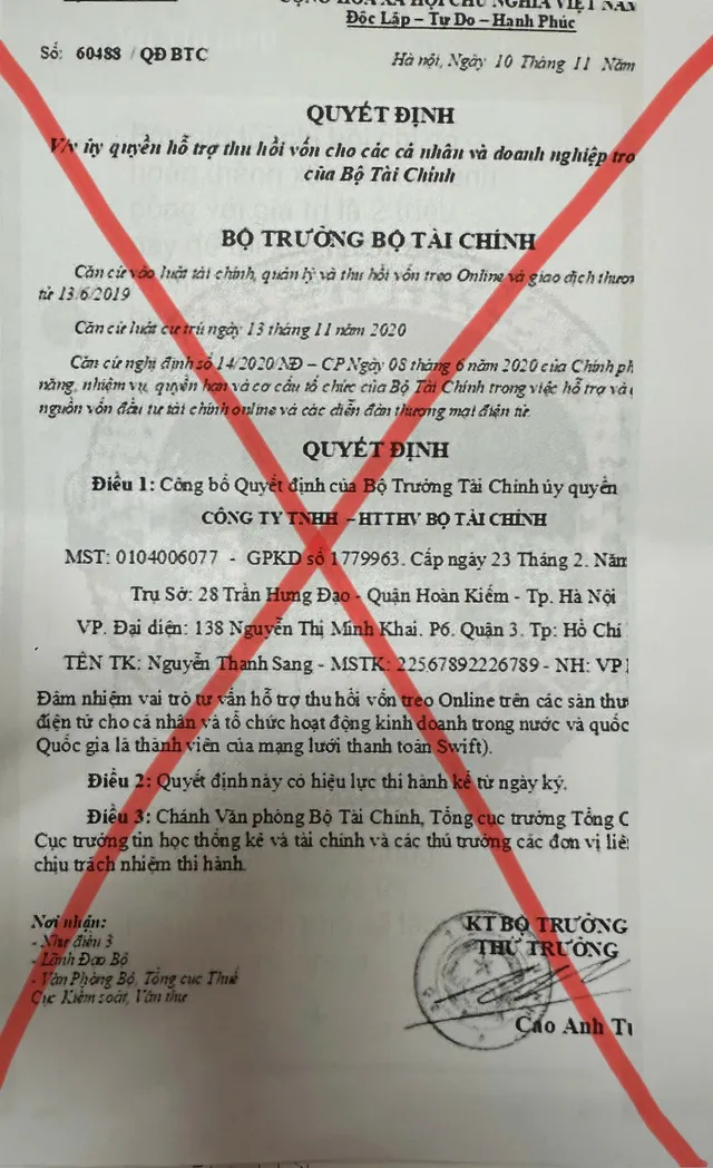 Văn bản giả mạo chữ ký, con dấu của Lãnh đạo Bộ Tài chính.