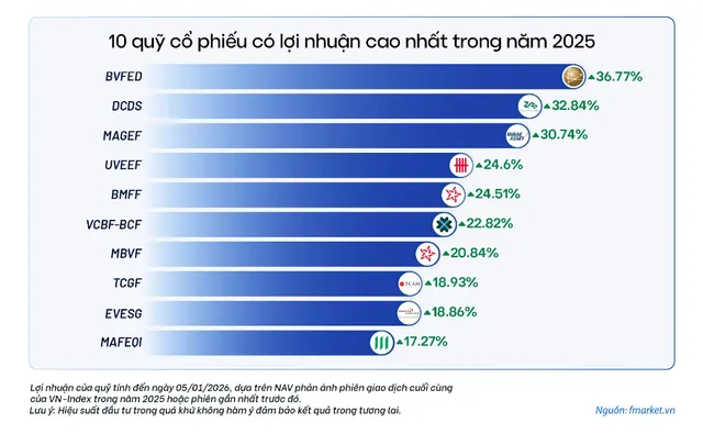 Top 10 quỹ cổ phiếu đứng đầu lợi nhuận năm 2025