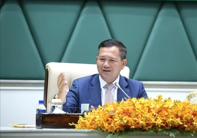 Thủ tướng Chính phủ Hoàng gia Campuchia Samdech Thipadei Hun Manet phát biểu tại diễn đàn Chính phủ với khu vực tư nhân lần thứ 19. Ảnh: Huỳnh Thảo/Pv TTXVN tại Campuchia