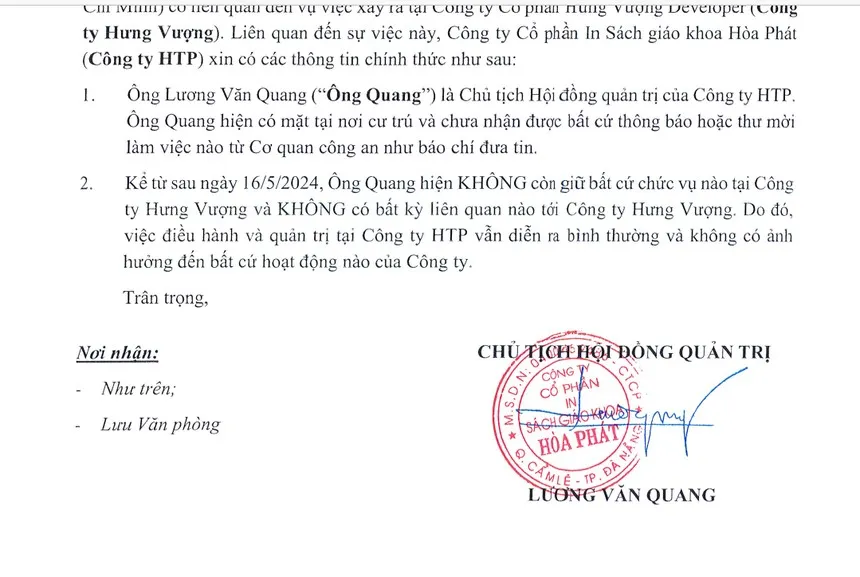Công văn của Công ty HTP vừa gửi Ủy ban Chứng khoán Nhà nước và Sở Giao dịch Chứng khoán Hà Nội.