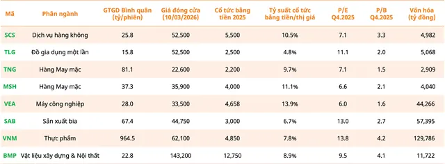 Nhà đầu tư có thể tham khảo thêm danh mục các mã có thanh khoản tối thiểu 10 tỷ đồng/phiên, tỷ suất cổ tức ~ 5% trở lên – mức sinh lời khá cao so với lãi suất tiết kiệm, P/E hiện tại dao động trong mức 5–11 lần, hấp dẫn cho chiến lược đầu tư giá trị (Nguồn: Mirae Asset).