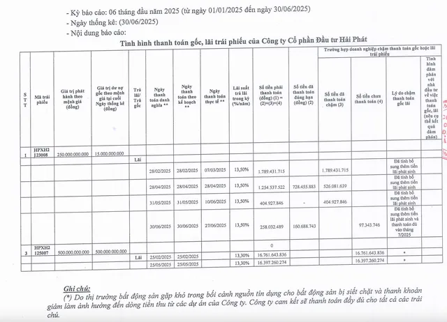 Đầu tư Hải Phát phát sinh chậm trả lãi trái phiếu trong nửa đầu năm 2025.
