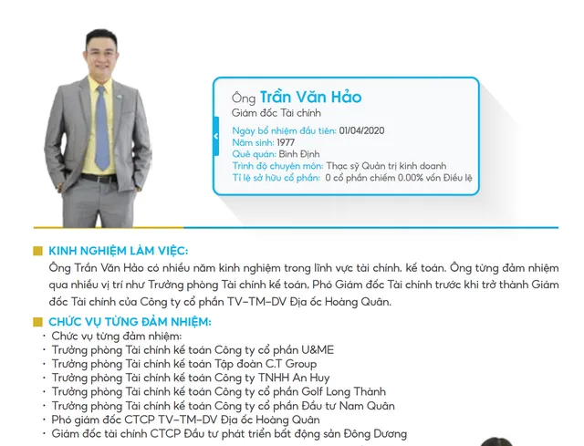 Ông Trần Văn Hảo được bổ nhiệm giữ chức vụ Giám đốc tài chính tại Địa ốc Hoàng Quân kể từ ngày 1/4/2020.