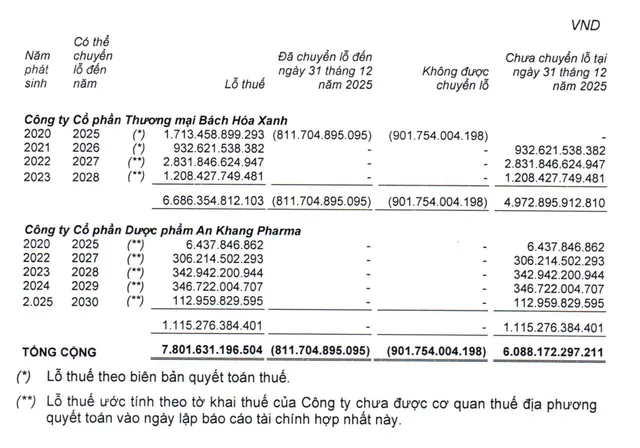 Chuỗi nhà thuốc và Bách hoá Xanh vẫn còn lỗ luỹ kế tại thời điểm 31/12/2025. Nguồn: MWG
