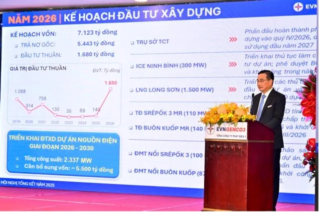 Ông Lê Văn Danh - Thành viên HĐQT, Tổng giám đốc EVNGENCO3 báo cáo tại hội nghị.