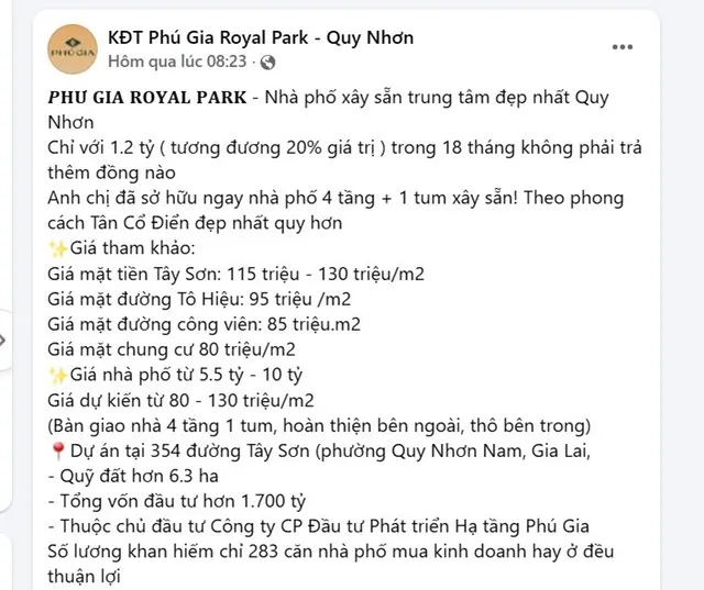 Một thông tin quảng cáo Dự án Phú Gia Royal Park Quy Nhơn của đại lý phân phối.