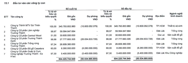 Danh sách công ty con của TTF tại thời điểm 31/3/2026.