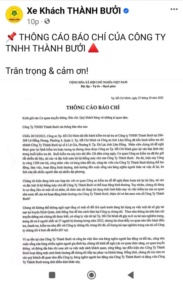 Thông cáo báo chí trên Fanpape tích xanh của Thành Bưởi.