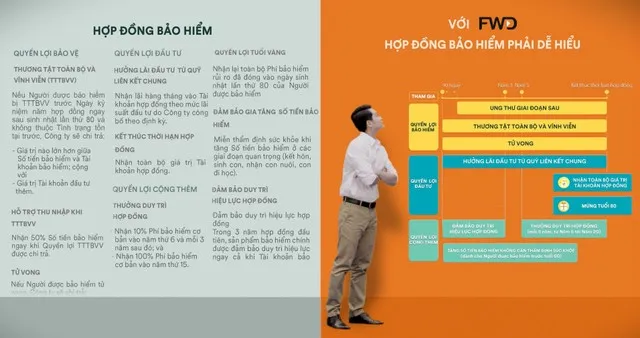 FWD sử dụng hình vẽ, minh họa, màu sắc, biểu tượng… để khách hàng nhanh chóng hiểu rõ quyền lợi của mình.