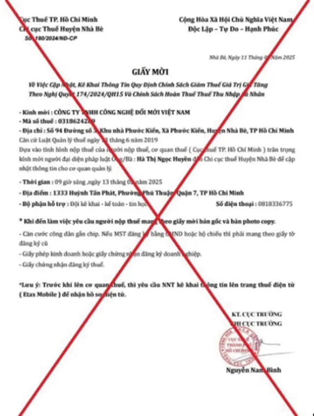 Một văn bản giả mạo cơ quan thuế gửi tới doanh nghiệp