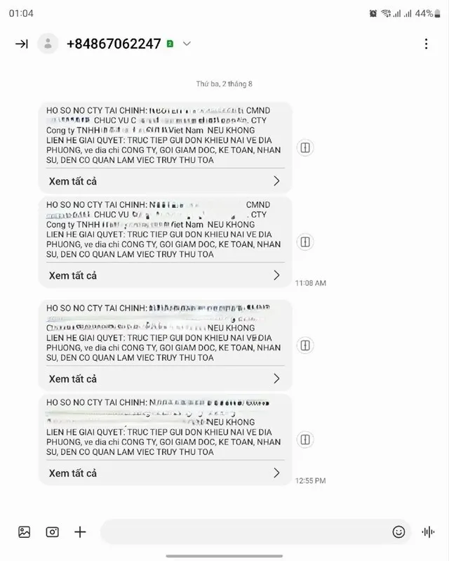Các tin nhắn đòi nợ liên tục được gửi đến