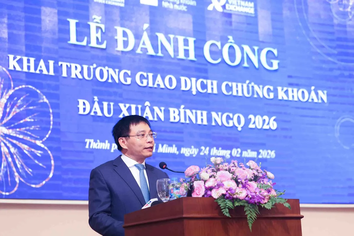 Bộ trưởng Bộ Tài chính Nguyễn Văn Thắng phát biểu tại Lễ đánh cồng Khai trương giao dịch chứng khoán đầu Xuân Bính Ngọ 2026”.