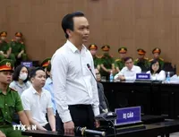 Cựu Chủ tịch Tập đoàn FLC Trịnh Văn Quyết khai báo trước Hội đồng xét xử. (Ảnh: TTXVN)