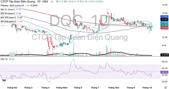 Cổ phiếu DQC có xu hướng giảm dần trong những tháng gần đây.