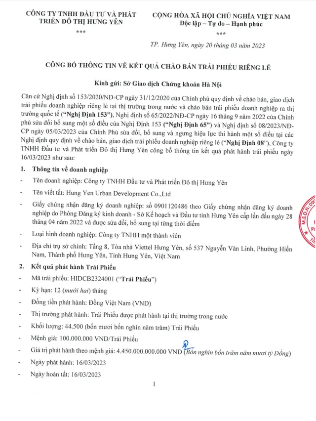 Bản công bố thông tin phát hành trái phiếu của HIDC