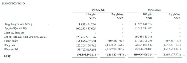 TMT tăng tồn kho và đồng thời tăng trích lập dự phòng trong 9 tháng đầu năm 2025.