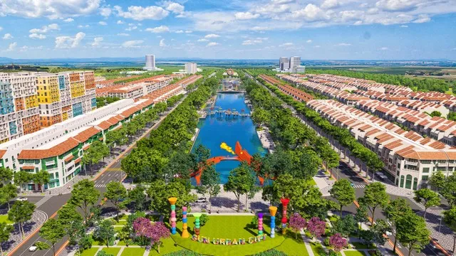 Phân khu Kim Ngân 1 nằm kế cận trục đại lộ lễ hội, tuyến phố giao thương phồn hoa trong tương lai (Ảnh phối cảnh minh họa: Sun Property)