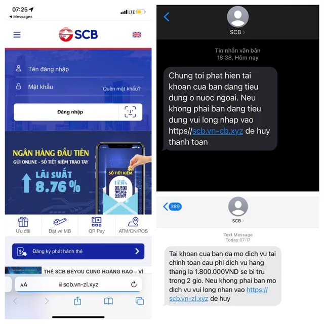Tin nhắn giả mạo Brandname ngân hàng gửi đến khách hàng có đường link lừa đảo, dẫn đến website mạo danh ngân hàng.