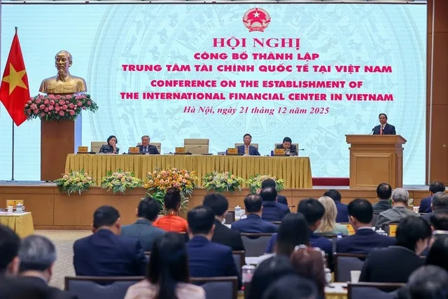 Thủ tướng Chính phủ Phạm Minh Chính phát biểu tại hội nghị công bố thành lập Trung tâm tài chính quốc tế tại Việt Nam.