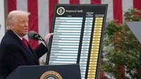 Tổng thống Donald Trump công bố kế hoạch thuế đối ứng đối với hầu hết các đối tác thương mại của Mỹ vào ngày 2/4. Ảnh: AFP
