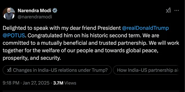 Chia sẻ của Thủ tướng Ấn Độ Narendra Modi về cuộc điện đàm với tân Tổng thống Mỹ Donald Trump ngày 27/1/2025. Ảnh chụp màn hình tài khoản mạng xã hội X của Thủ tướng Ấn Độ Narendra Modi