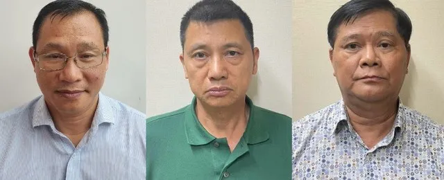 Từ trái qua: Các bị can Phạm Hồng Phú, Bùi Thế Chuyên, Nguyễn Minh Thiện. Ảnh: BCA