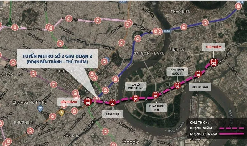 Hướng tuyến metro số 2 đoạn Bến Thành - Thủ Thiêm.