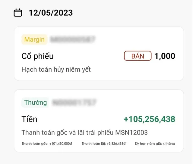 Ảnh chụp màn hình của khách hàng có trái phiếu MSN đáo hạn trong app AlphaTrading của Pinetree.