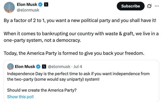 Tuyên bố thành lập đảng Nước Mỹ của tỷ phú công nghệ Elon Musk trên tài khoản mạng xã hội X. Ảnh chụp màn hình