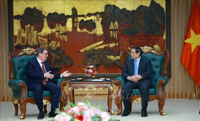 Thủ tướng Phạm Minh Chính tiếp đồng chí Bruno Rodríguez Parrilla, Ủy viên Bộ Chính trị, Đặc phái viên Đảng, Chính phủ Cuba, Bộ trưởng Bộ Ngoại giao Cuba. Ảnh: Dương Giang/TTXVN