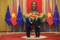 Chủ tịch nước Lương Cường đón Chủ tịch Hội đồng châu Âu António Costa. Ảnh: Đức Thanh.